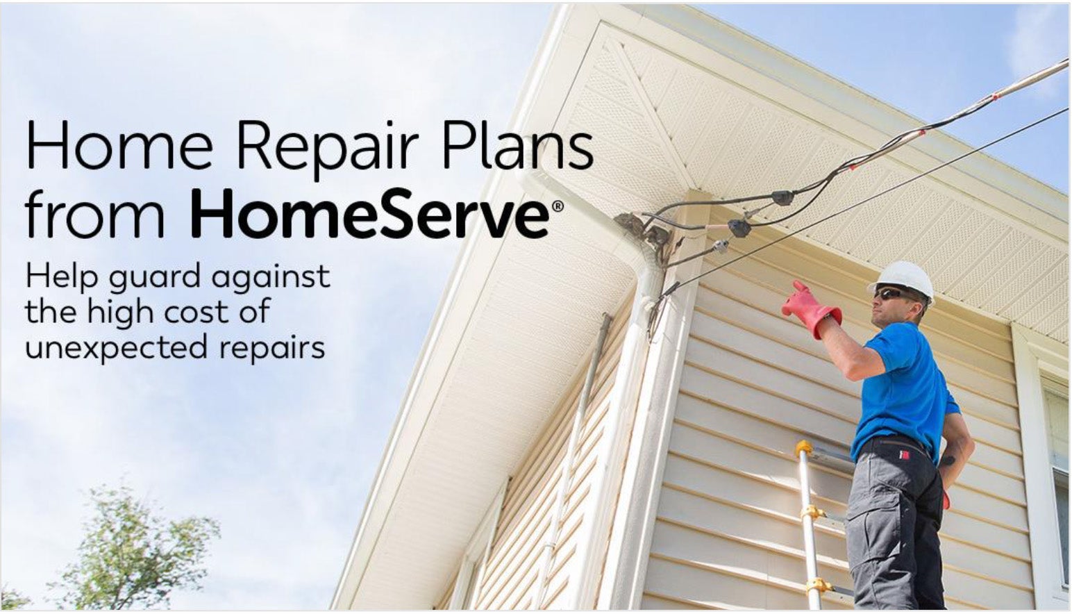 HomeServe ad of a man looking at a power line connection