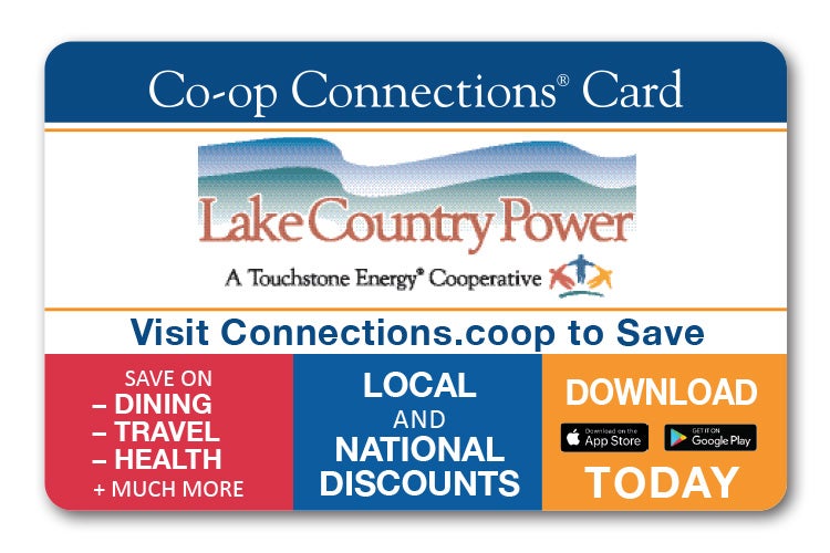 Lake Country Power Co-op Connections Card promoting local and national discounts on dining, travel, health and more, with information to download the Co-op Connections app.