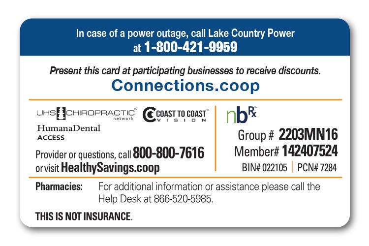 Back of a Lake Country Power Co-op Connections Card with outage contact information and details for participating business, pharmacy, dental, chiropractic and vision discounts.