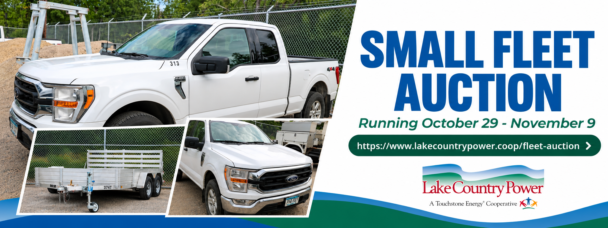 Lake Country Power Small Fleet Auction banner featuring photos of white pickup trucks and a utility trailer. The auction runs October 29 through November 9. Visit lakecountrypower.coop/fleet-auction for more information.