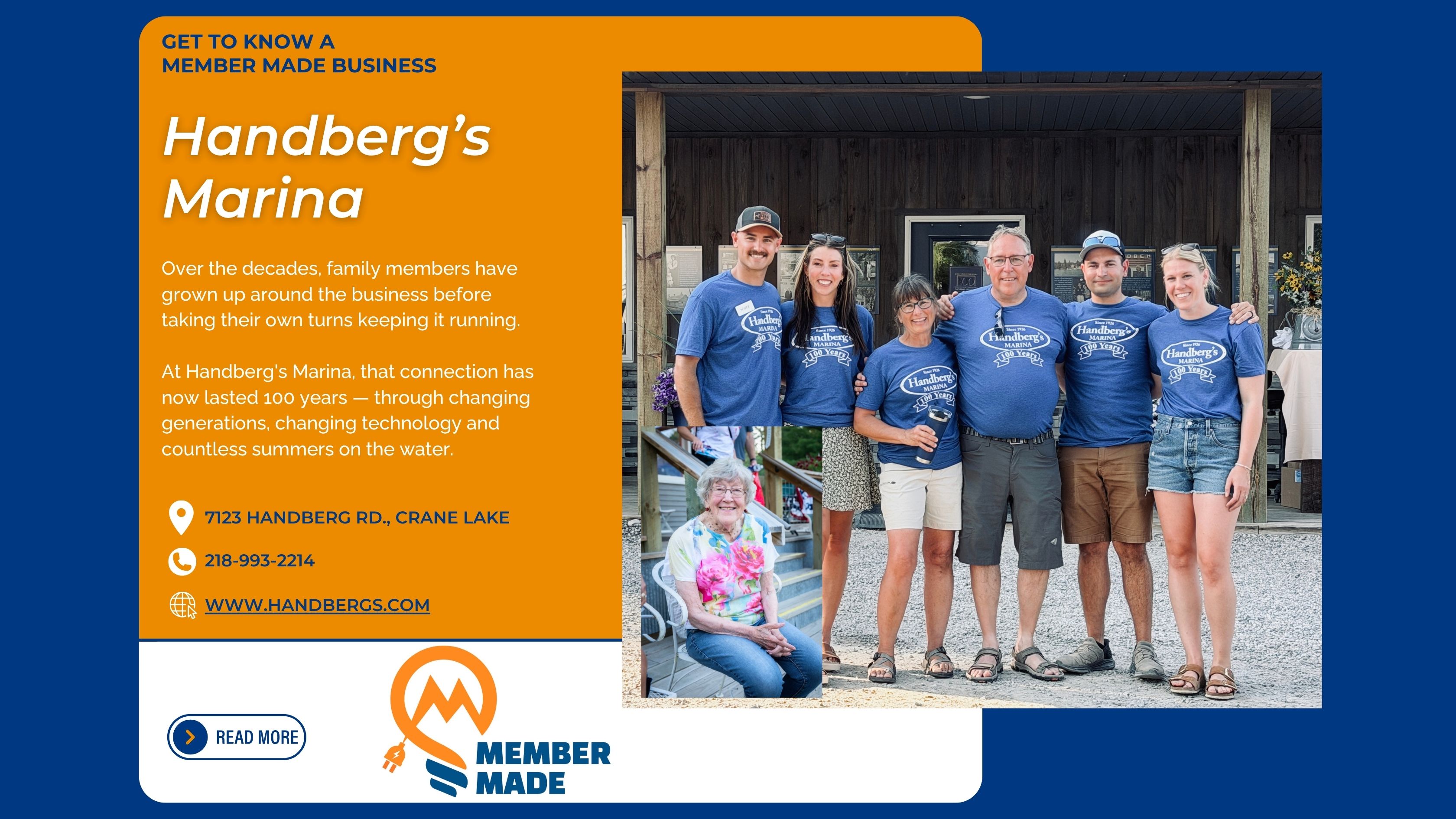 Promotional graphic highlighting Handberg’s Marina in Crane Lake, featuring a group of marina staff and family members wearing matching blue shirts, along with contact information and Lake Country Power’s Member Made branding.
