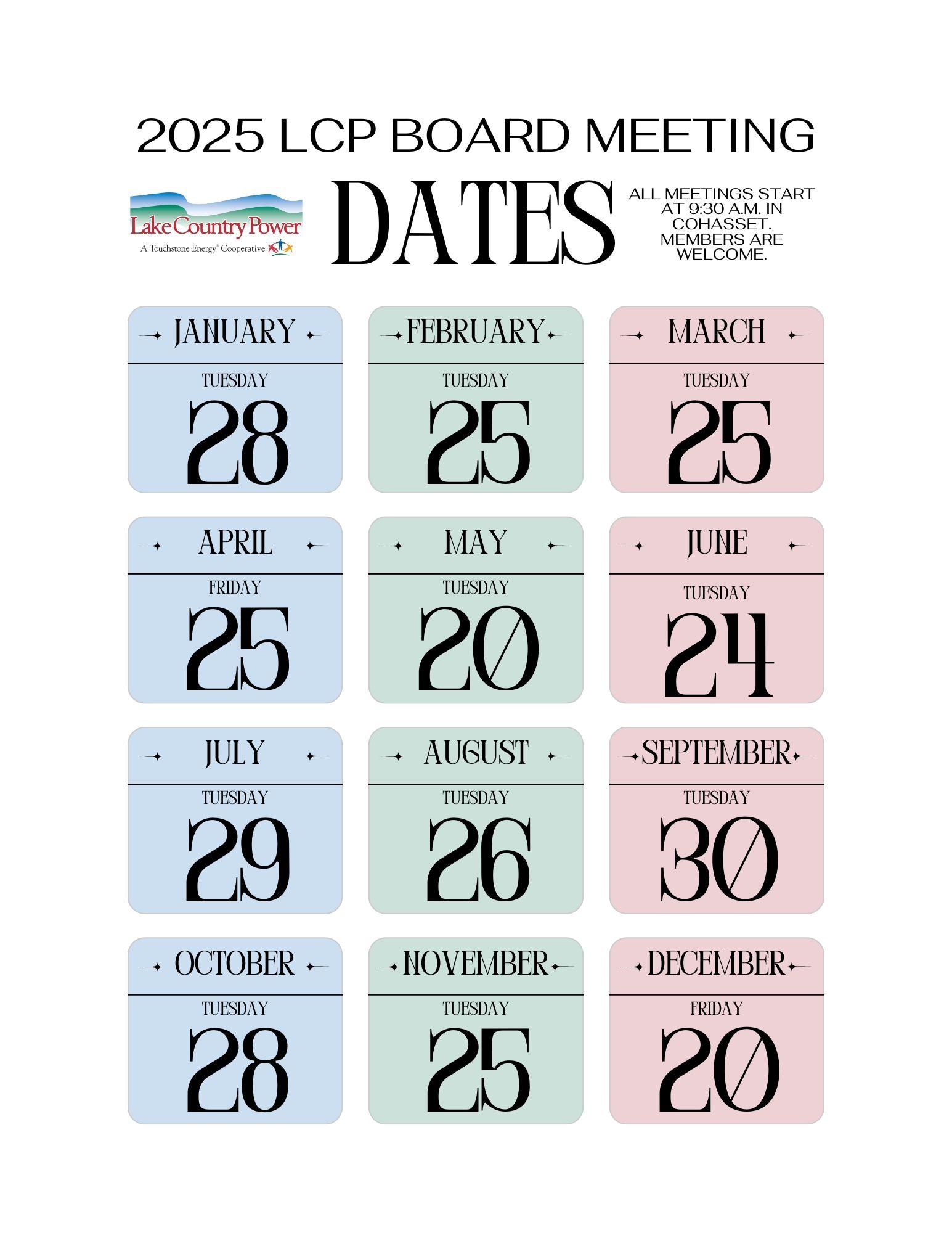 Board meeting calendar